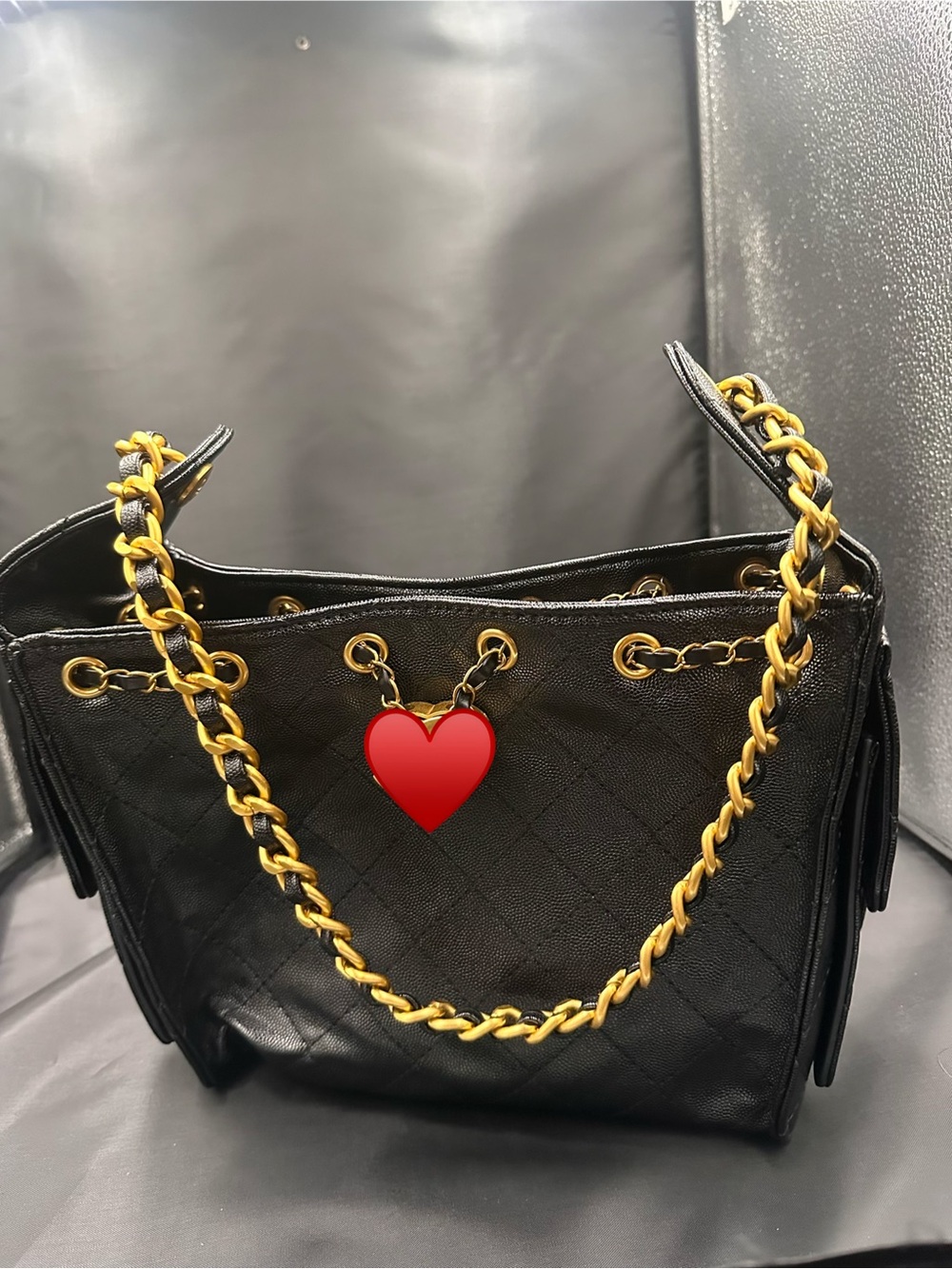 Black Quilted Shoulder Bag with Gold Chain Strap